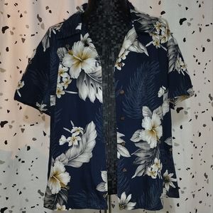 Navy blue and white Hawaiian shirt